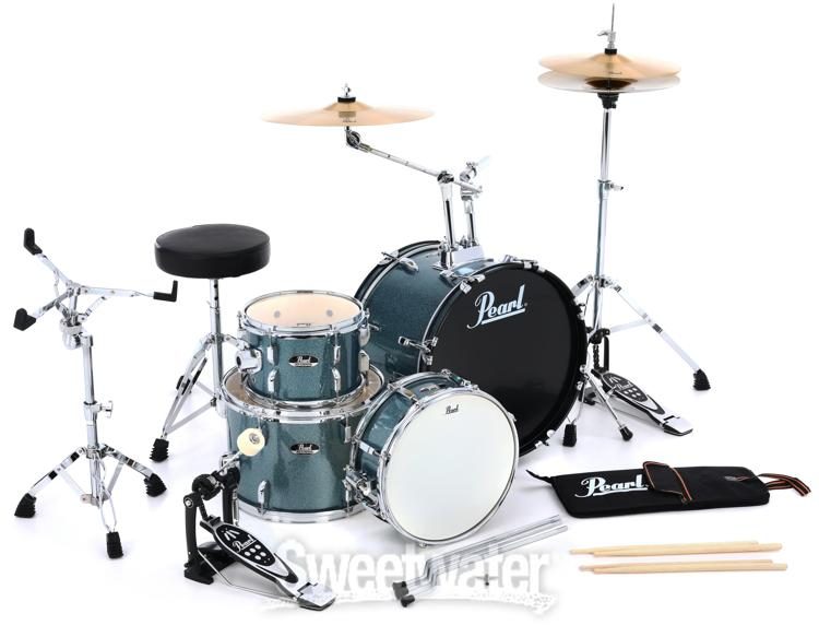 Pearl Roadshow 4 Piece Complete Drum Set With Cymbals Aqua Blue Glitter Sweetwater