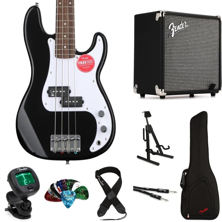 Squier Mini Precision Electric Bass and Fender Rumble 15 Amp Essentials  Bundle - Black