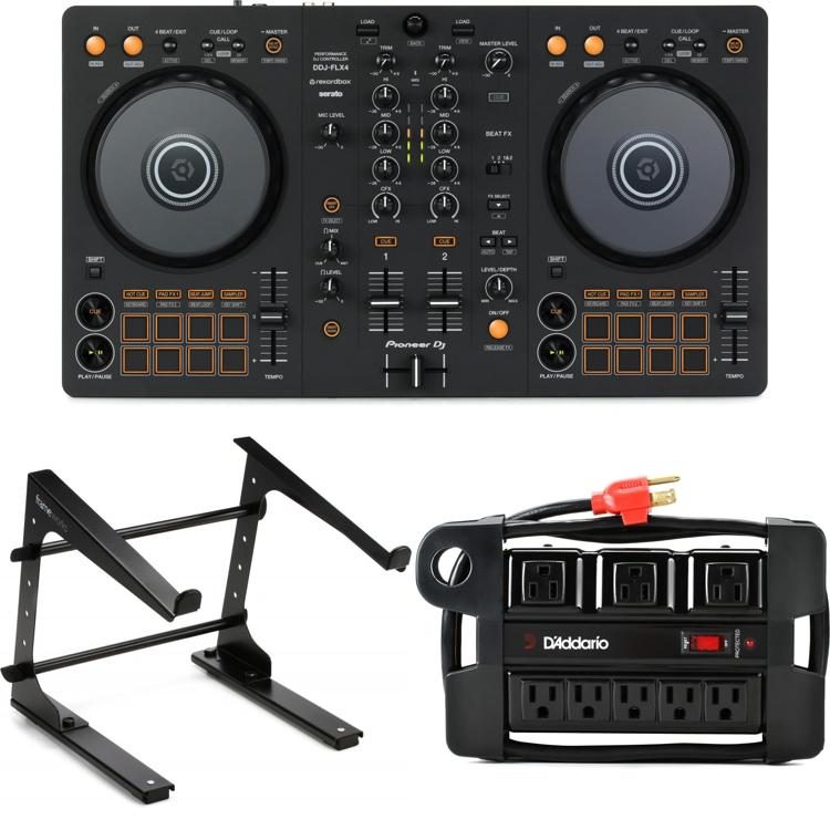 Pioneer DJ DDJ-FLX4 2-deck Rekordbox and Serato DJ Controller with Laptop  Stand and Power Block - Graphite
