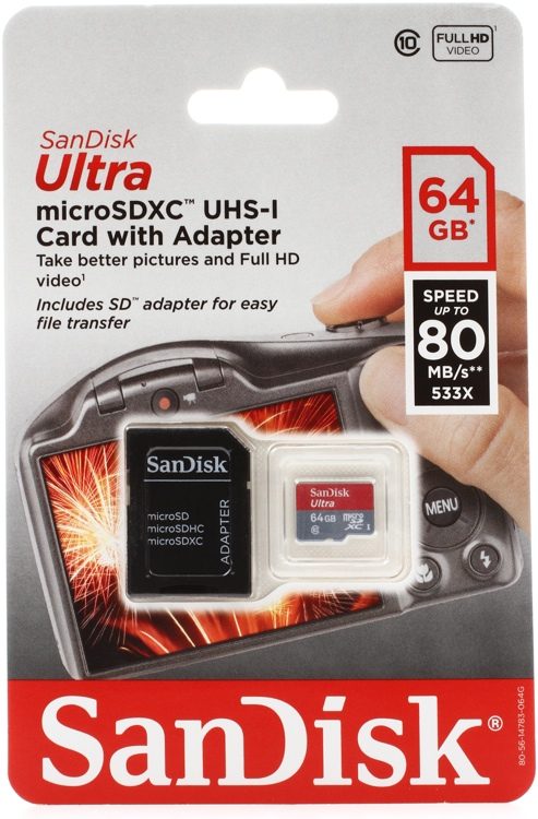 SanDisk 64GB Ultra microSDXC UHS-I / Class 10 Memory Card with Adapter,  Speed Up to 80MB/s (SDSQUNC-064G-GN6MA) 