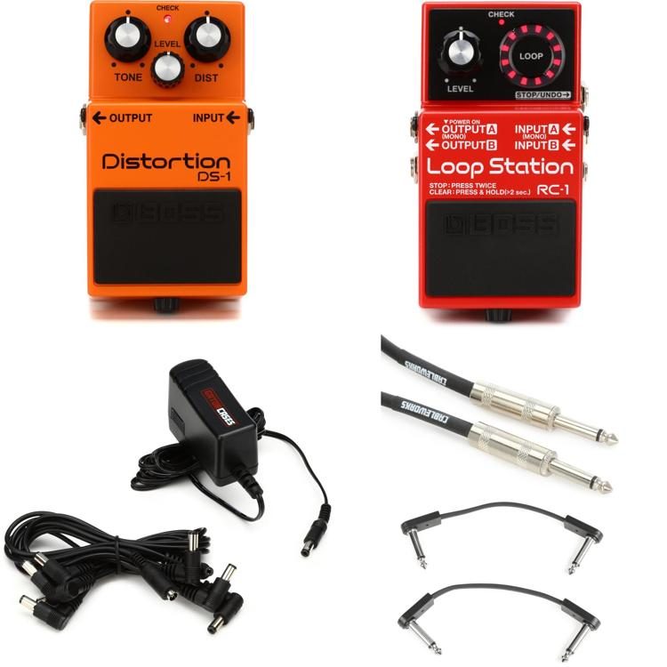 Boss RC-1 Loop Station Looper and DS-1 Distortion Pedal Pack with Power  Supply