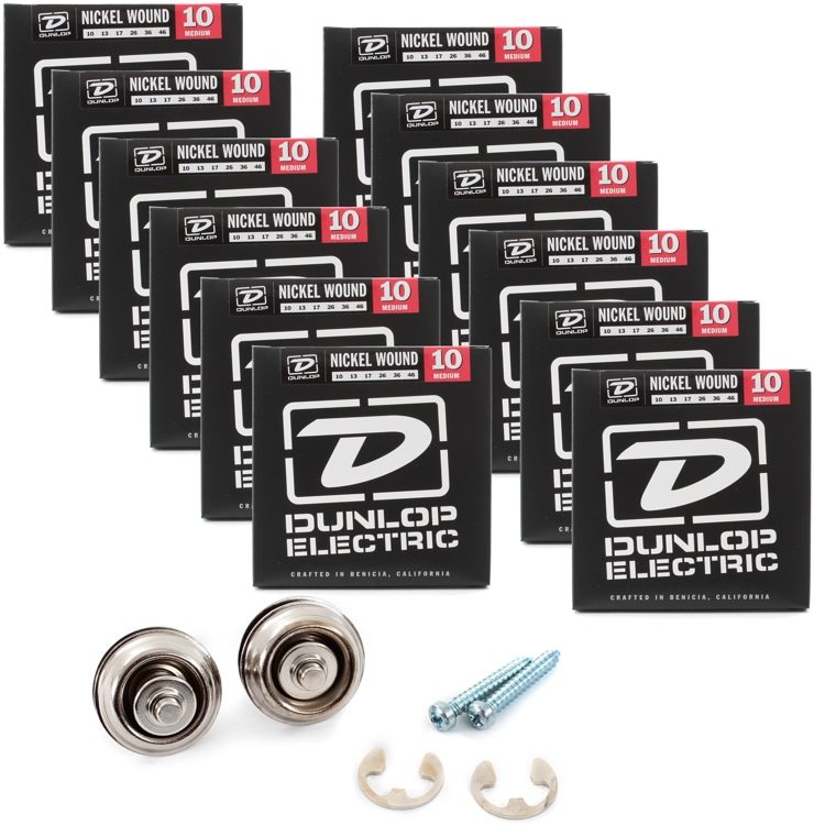Dunlop DEN1046 Medium Electric Strings 12Pack with Free Strap Locks