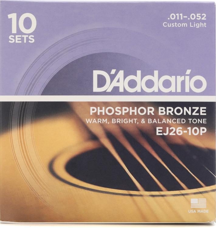 Custom　Phosphor　Guitar　.011-.052　Strings　Light　Bronze　Sweetwater　D'Addario　(10-pack)　EJ26　Acoustic