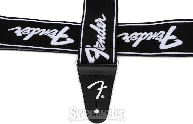 Fender WeighLess Running Logo Guitar Strap - Black/White | Sweetwater