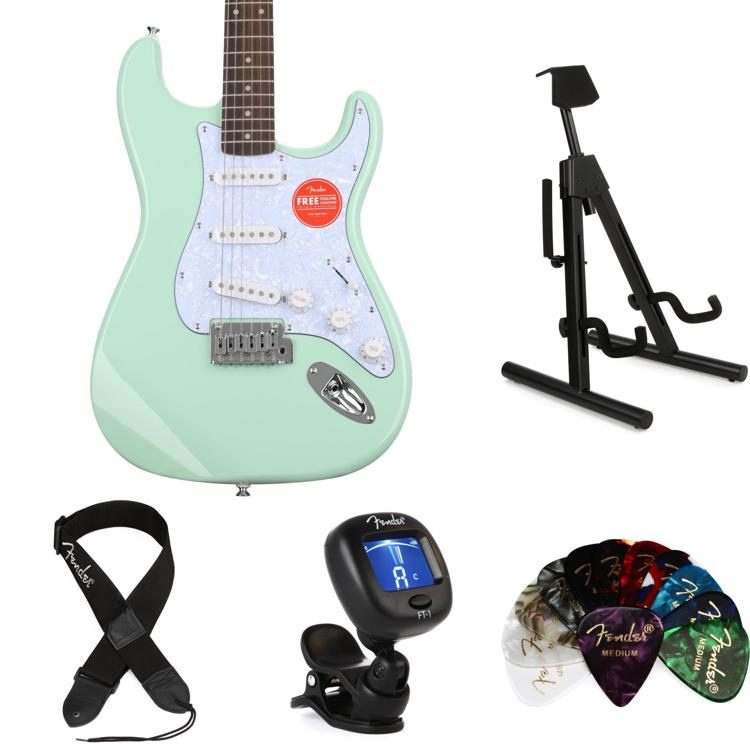 Squier Affinity Series Stratocaster Essentials Bundle - Surf Green with  White Pearloid Pickguard, Sweetwater Exclusive in the USA