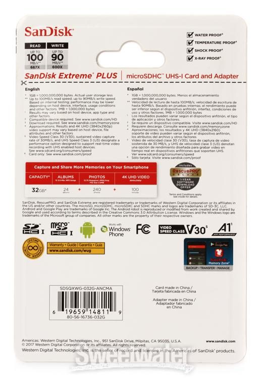 Sandisk Extreme PLUS microSDHC Card - 32GB, Class 10, U3, UHS-I 