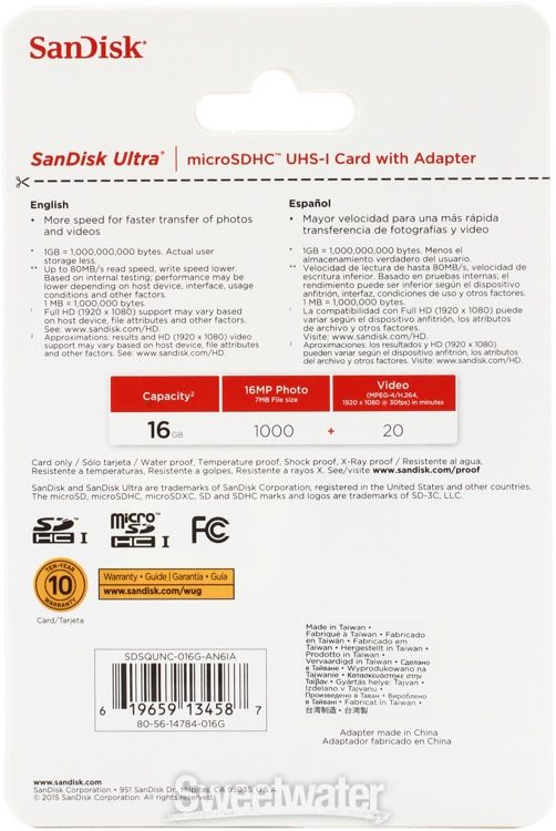 SanDisk Ultra microSDHC Card - 16GB, Class 10, UHS-I | Sweetwater