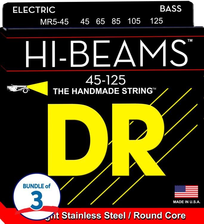DR Strings MR5-45 Hi-Beam Stainless Steel Bass Guitar Strings - .045-.125  Medium 5-string (3-Pack)