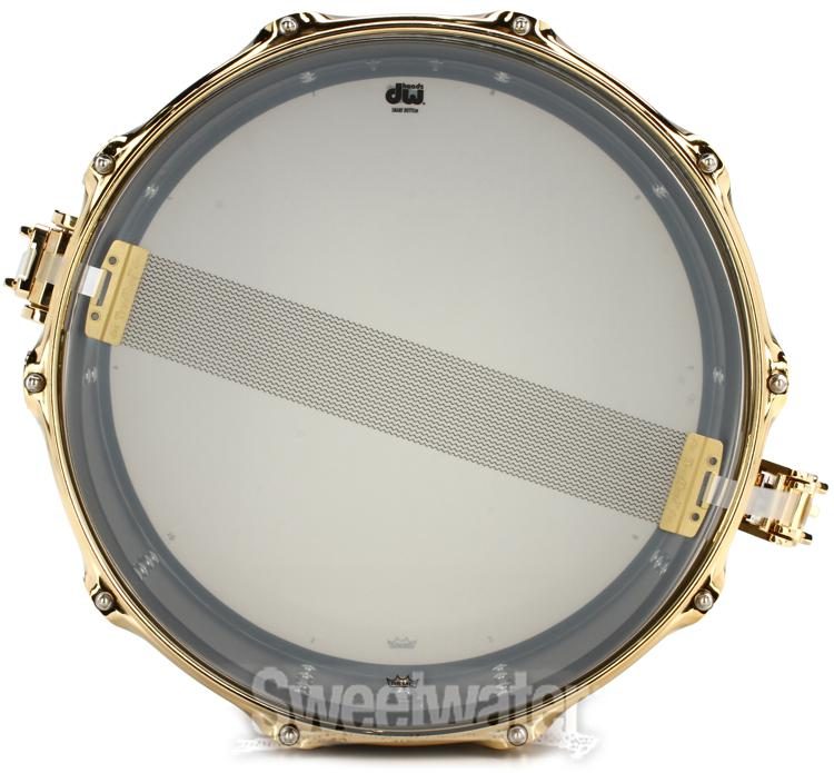 DW Collector's Series Metal Snare Drum - 8 inch x 14 inch, Satin Black Over Brass - Gold Hardware