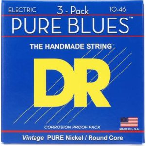 Bundled Item: DR Strings PHR-10 Pure Blues Pure Nickel Electric Guitar Strings - .010-.046 Medium Factory (3-pack)