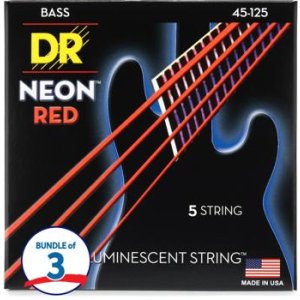 DR Strings NRB5 45 Hi Def Neon Red K3 Coated Bass Guitar Strings