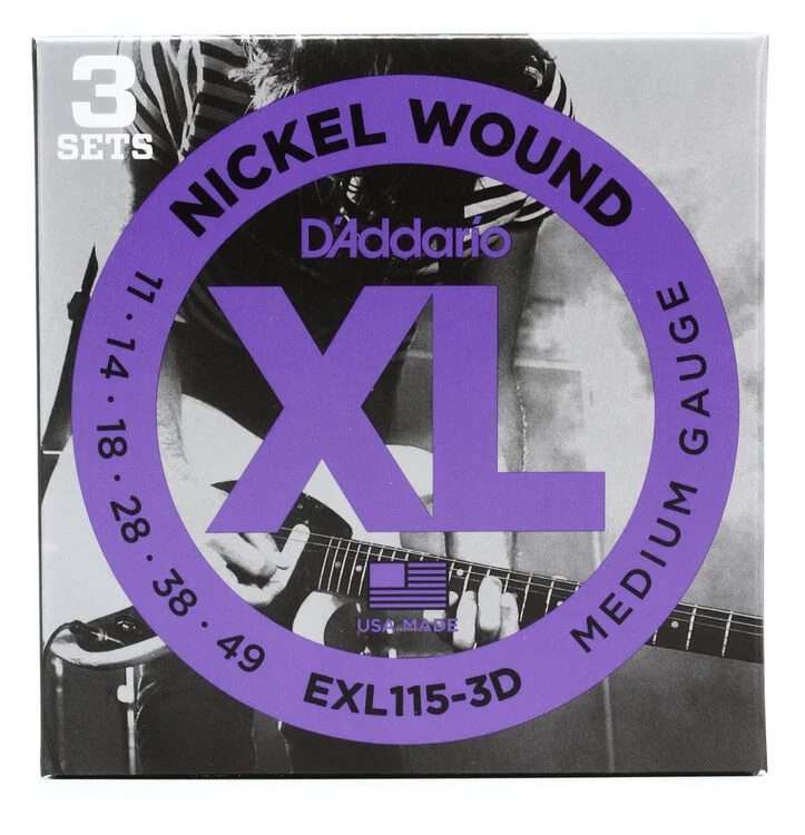 D'Addario EXL115 XL Electric Guitar Strings - .011-.049 Medium, 3-pack