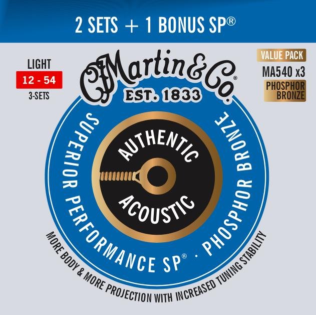 3-Pack Bundle Martin MA540S Authentic Acoustic Marquis Silked 92/8 Phosphor Bronze Light 12-54