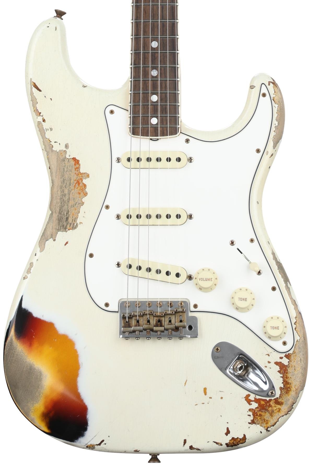 Fender Custom Shop Limited Edition 67 Stratocaster Heavy Relic Aged Olympic White Over 3 Color Sunburst Sweetwater