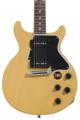 Click to learn more about the Epiphone Inspired by Gibson Custom 1960 Les Paul Special Double Cut Reissue Electric Guitar - TV Yellow
