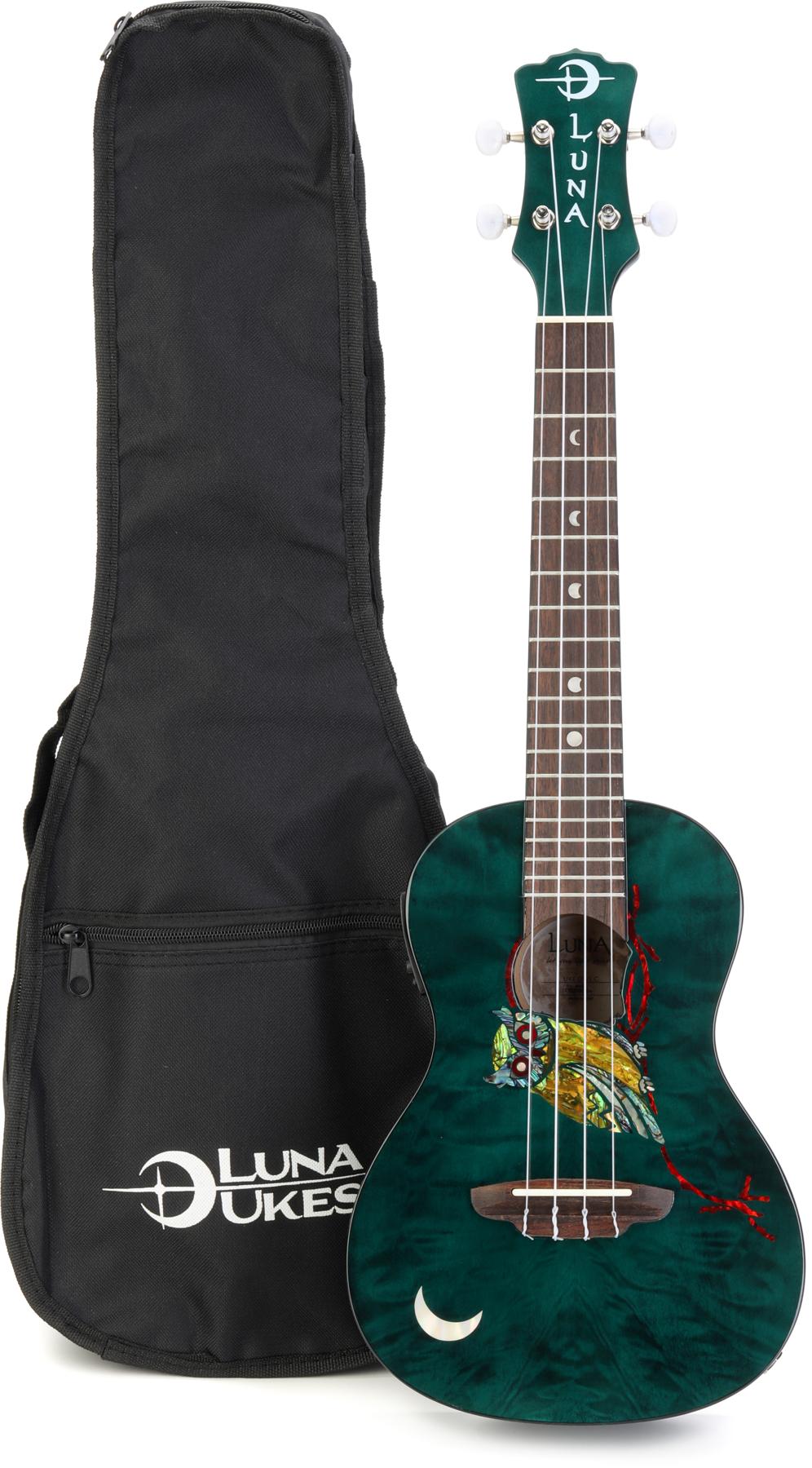 Owl Quilt Top Concert Ukulele with Preamp - Trans Blue