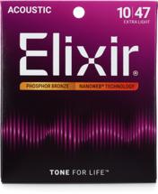 Elixir Strings Nanoweb Phosphor Bronze Acoustic Guitar Strings .010-.047 Extra Light
