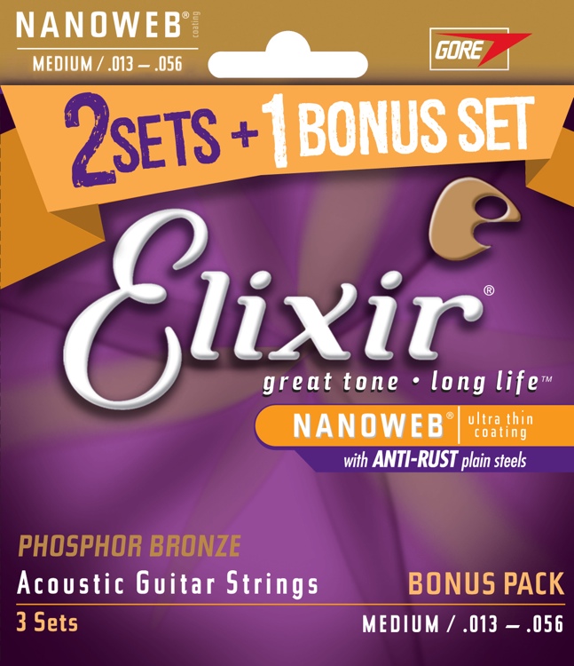3 Pack .013-.056 Medium Elixir® Strings 16546 Acoustic Phosphor Bronze Guitar Strings with NANOWEB® Coating 