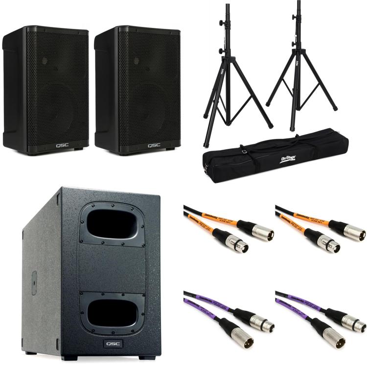 QSC CP8 Powered Speaker with KS Cardioid Sub, Stands, and Cables Bundle
