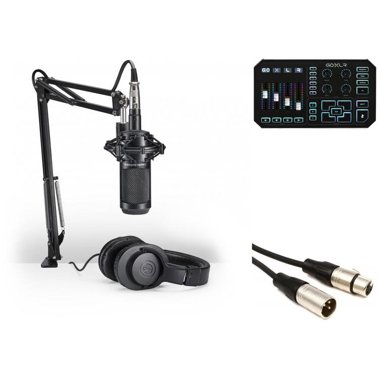 Blucoil 10-FT Balanced XLR Cable and 5x Cable Ties TC Helicon GO XLR 4-Channel Mixer for Online Broadcasting Bundle with Audio-Technica AT2020 Condenser Microphone Pop Filter