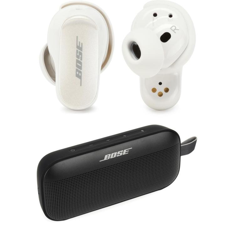 Bose QuietComfort Soapstone Earbuds II and Black Bluetooth Speaker 