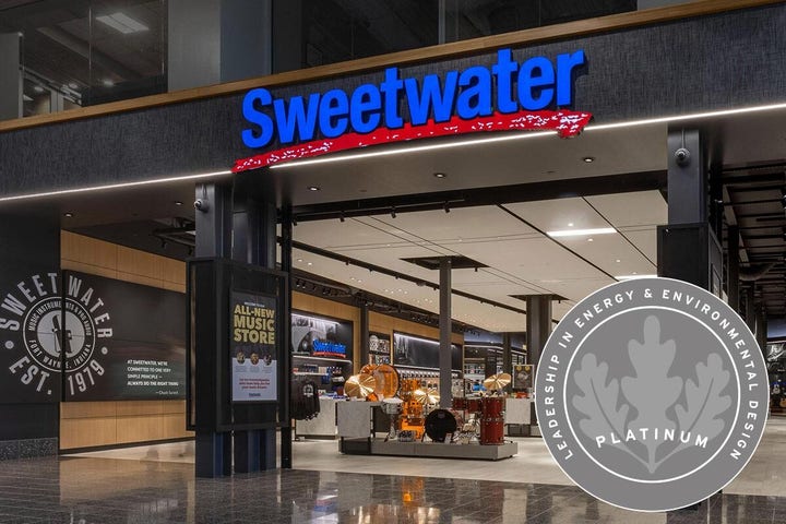 Photo: Sweetwater retail store entrance overlaid with LEED Platinum badge.