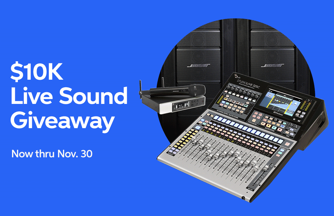 $10K Live Sound  Giveaway - Enter for a chance to win a grand prize featuring PreSonus, Bose, Xvive, Gator & More. -- input your email address below to enter or click here to learn more.