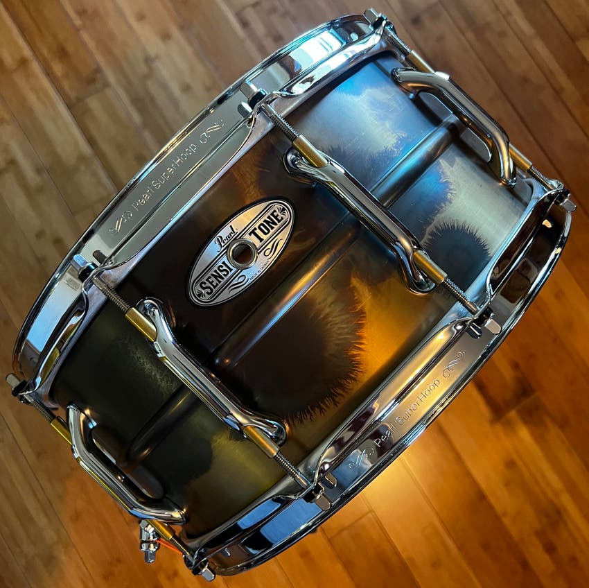 Used Pearl Sensitone Patina Brass Snare Drum - Sweetwater's Gear