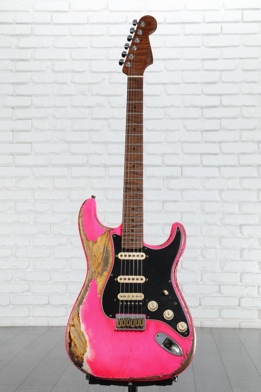 GT11 HSS HT Stratocaster Heavy Relic Masterbuilt by Andy Hicks - Hot Pink over 2-tone Sunburst, Sweetwater Exclusive