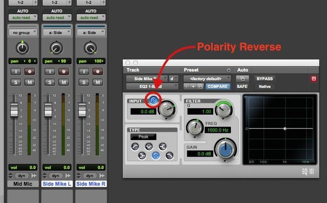 This shows how you can reverse the polarity of a track using a plug-in that has a polarity reverse function, like this EQIII plug-in for Pro Tools.