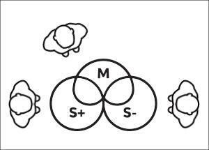 Show three singers in an M-S pattern