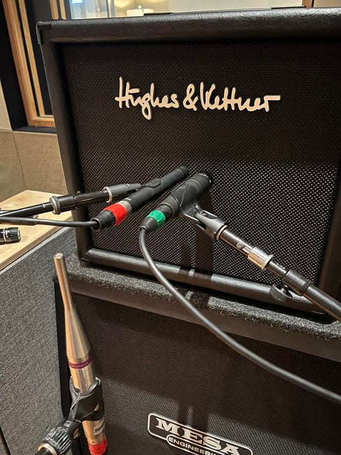 Part of our test setup. One speaker was recorded using pink noise as the source. The other identical speaker was in a different ISO booth and had guitar tones playing through it.