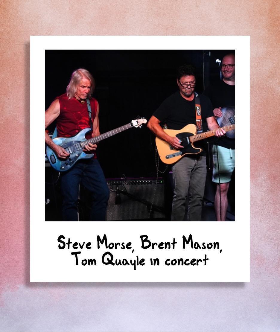 A polaroid of Steve Morse, Brent Mason, and Tom Quayle concert at The Woodshed 2024.