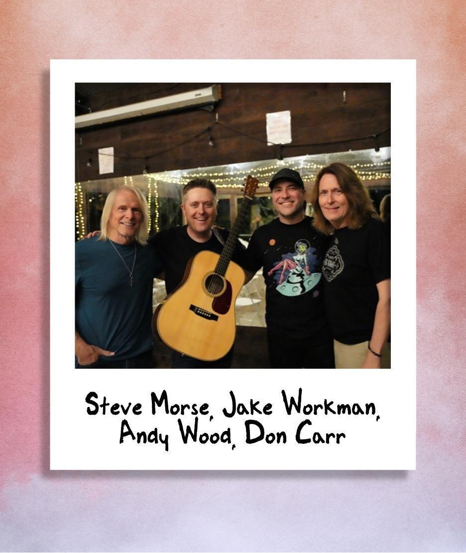 A polaroid of Steve Morse, Jake Workman, Andy Wood, and Don Carr at The Woodshed 2024.
