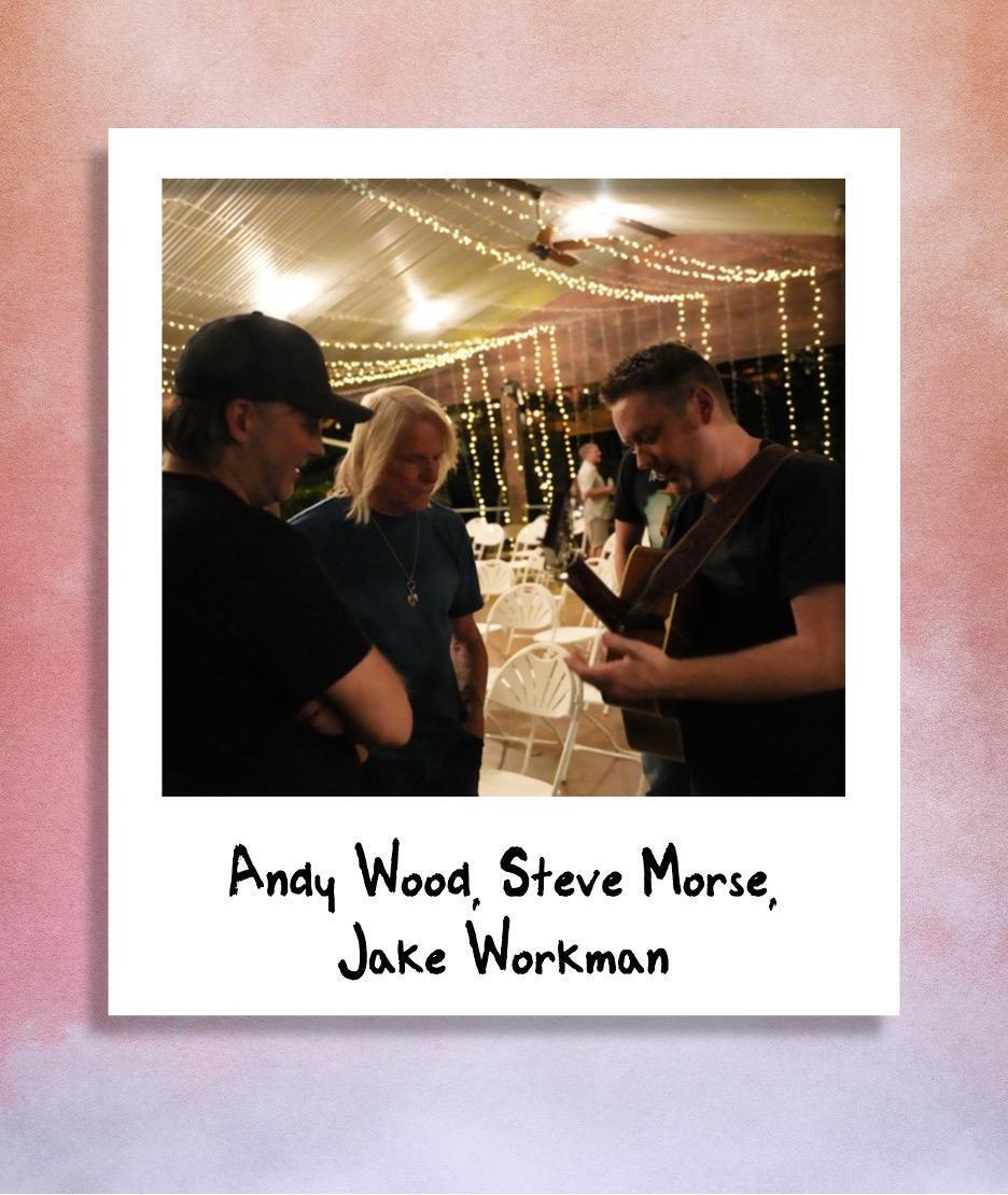A polaroid of Andy Wood, Steve Morse, and Jake Workman at The Woodshed 2024.