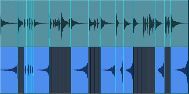 The top track shows the original guitar solo as recorded in Studio One. The bottom track shows the same track after being processed with this technique. The bright vertical lines show where notes were split. Reversing the shorter notes toward the beginning provided emphasis rather than the feedback-like effect.