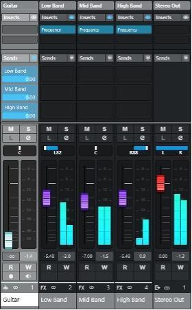 Figure 1: The guitar track splits through three pre-fader sends into three FX channels, each with its own Frequency 2 EQ.