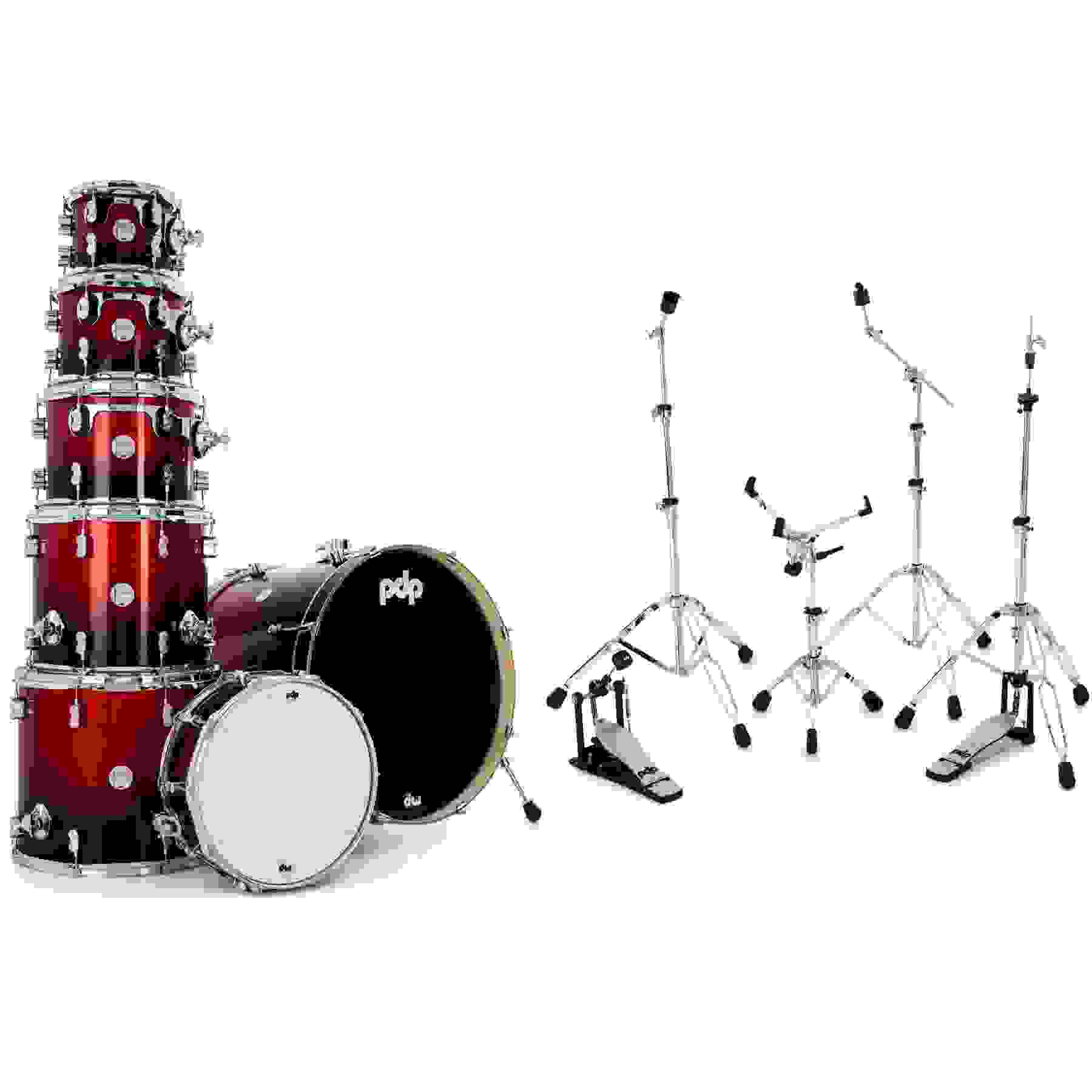 PDP Concept Maple 7-piece Shell Pack and Hardware Bundle - Red to Black Sparkle Fade