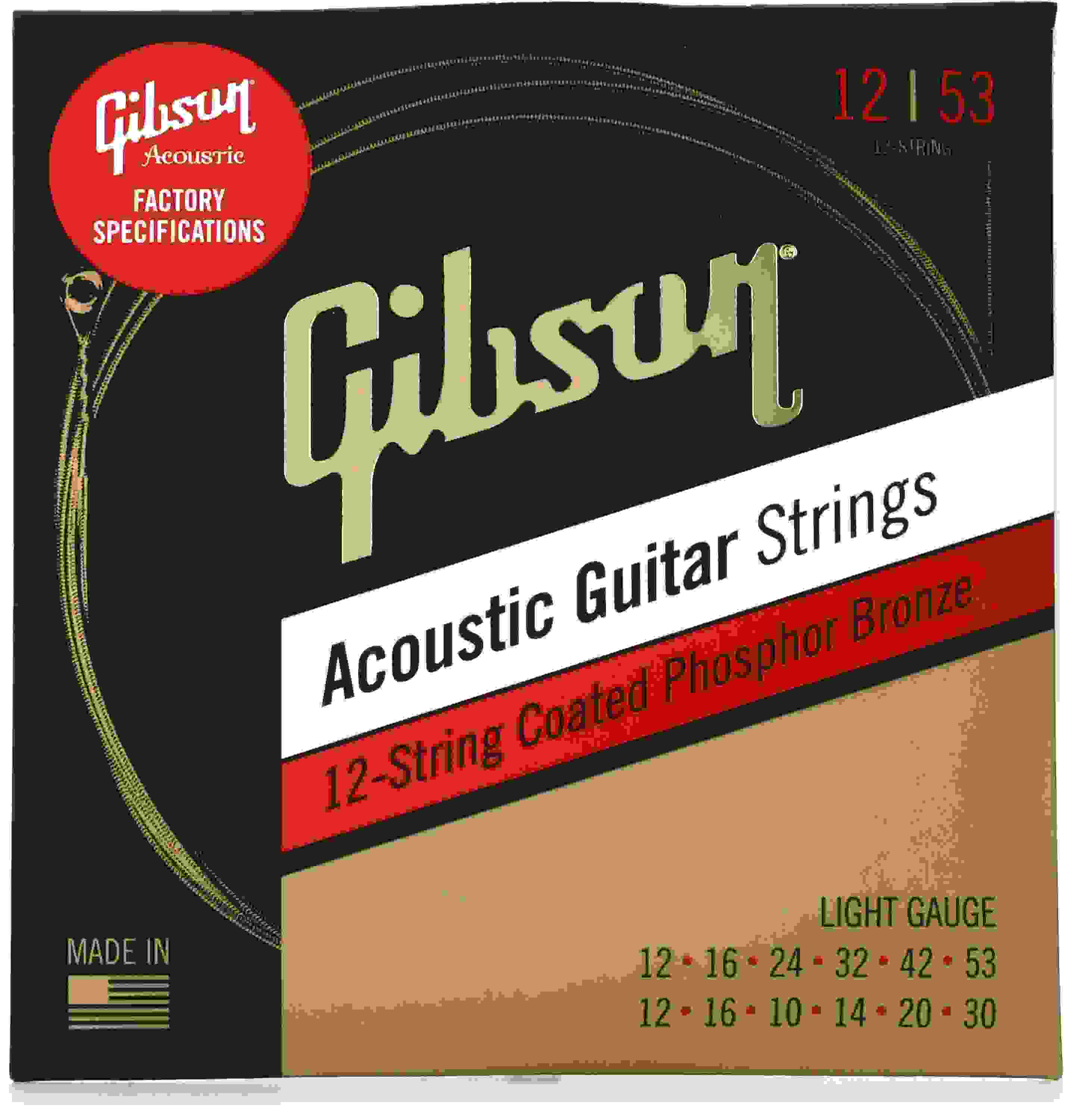 Gibson Accessories SAG-PB12L Coated Phosphor Bronze Acoustic Guitar Strings - .012-.053 Light 12-string