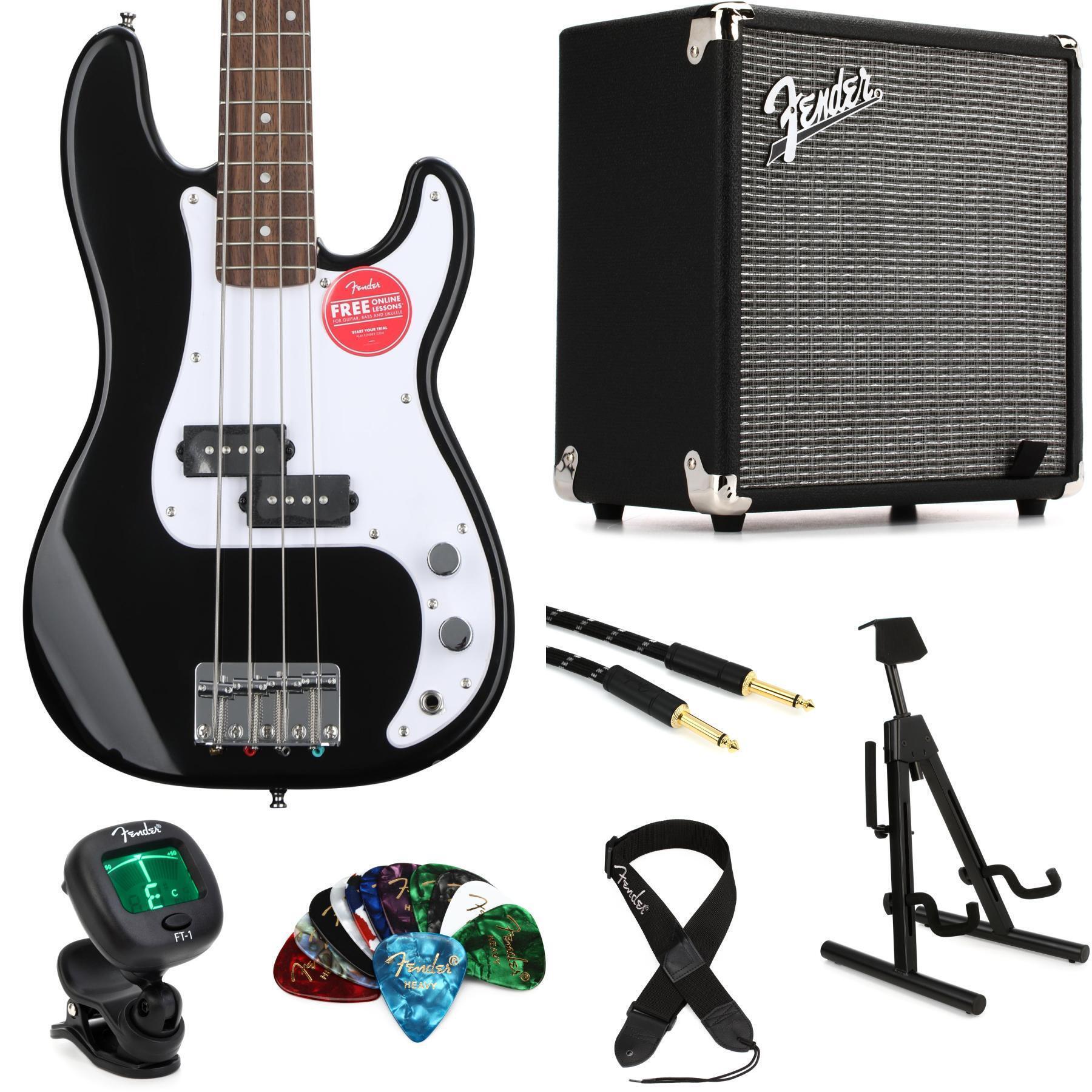 Photo of Squier Mini Precision Electric Bass and Fender Rumble 15 Amp Essentials Bundle - Black