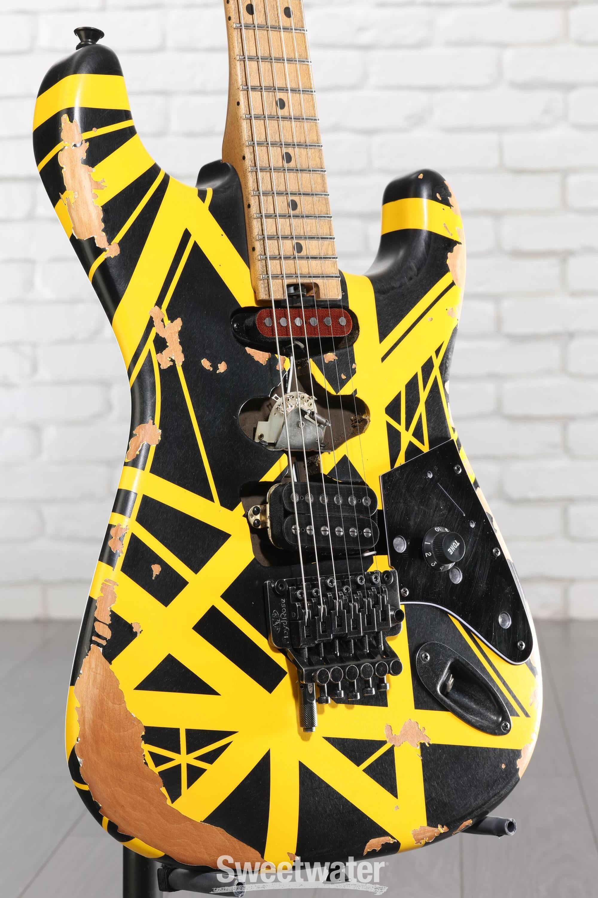 Photo of EVH Striped Series Frankenstein Frankie Electric Guitar - Black with Yellow Stripes, Relic