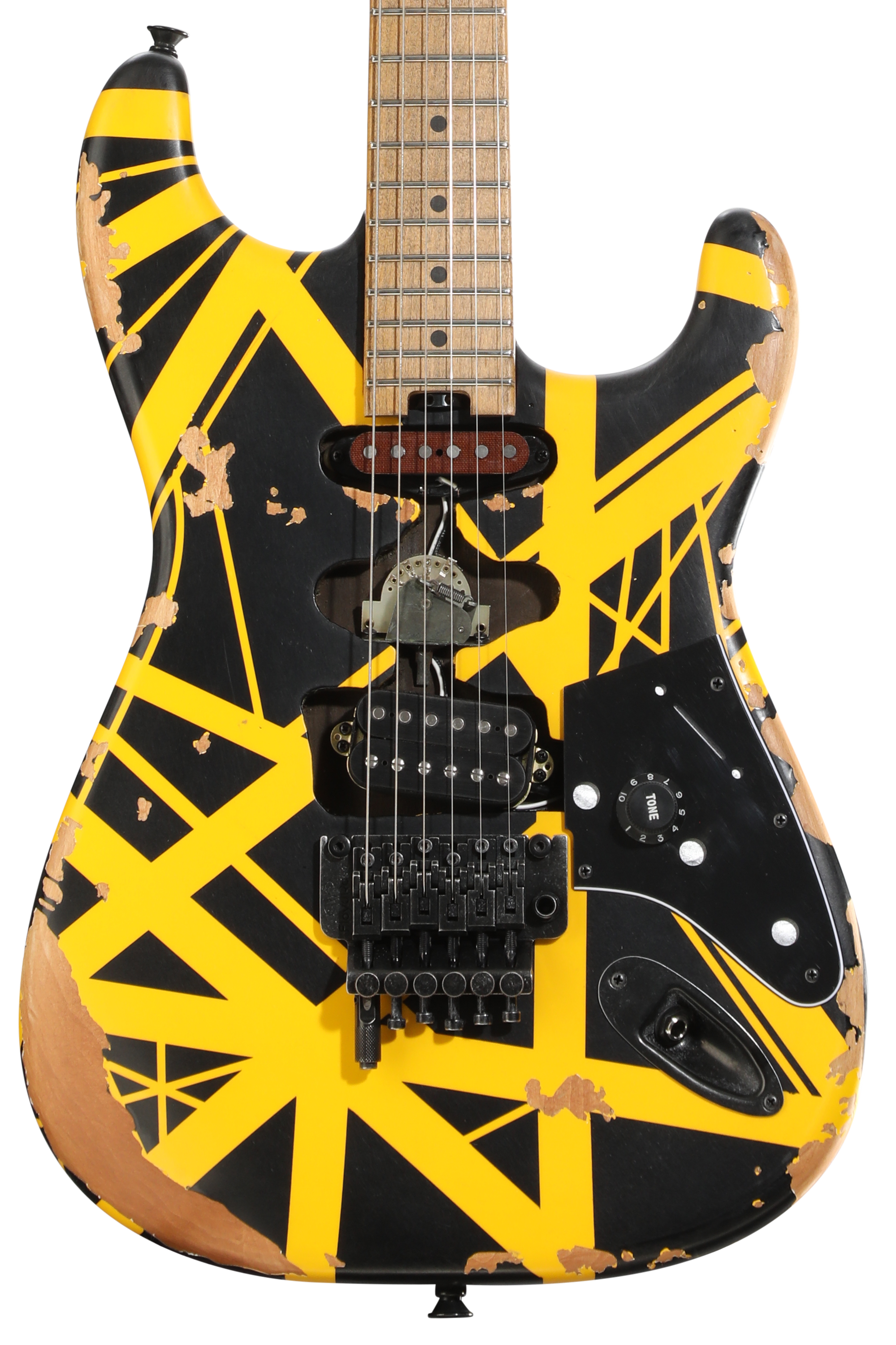 Photo of EVH Striped Series Frankenstein Frankie Electric Guitar - Black with Yellow Stripes, Relic