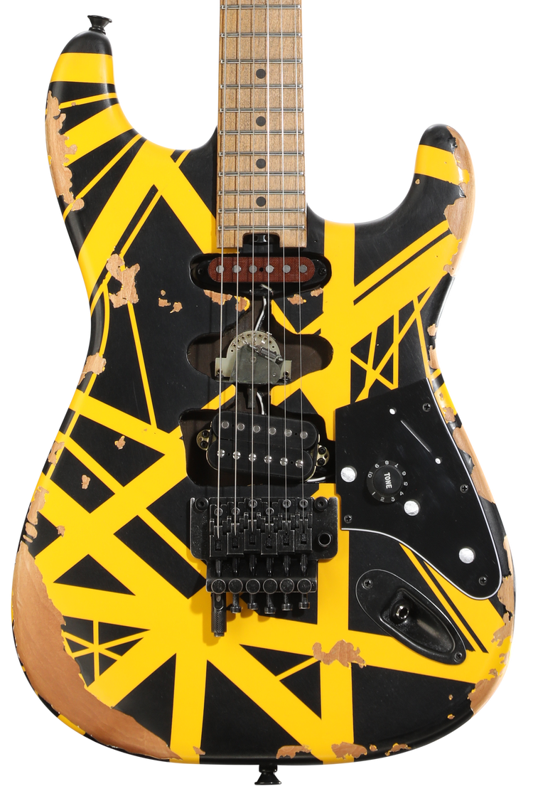 EVH Striped Series Frankenstein Frankie Electric Guitar - Black with Yellow Stripes, Relic | Sweetwater