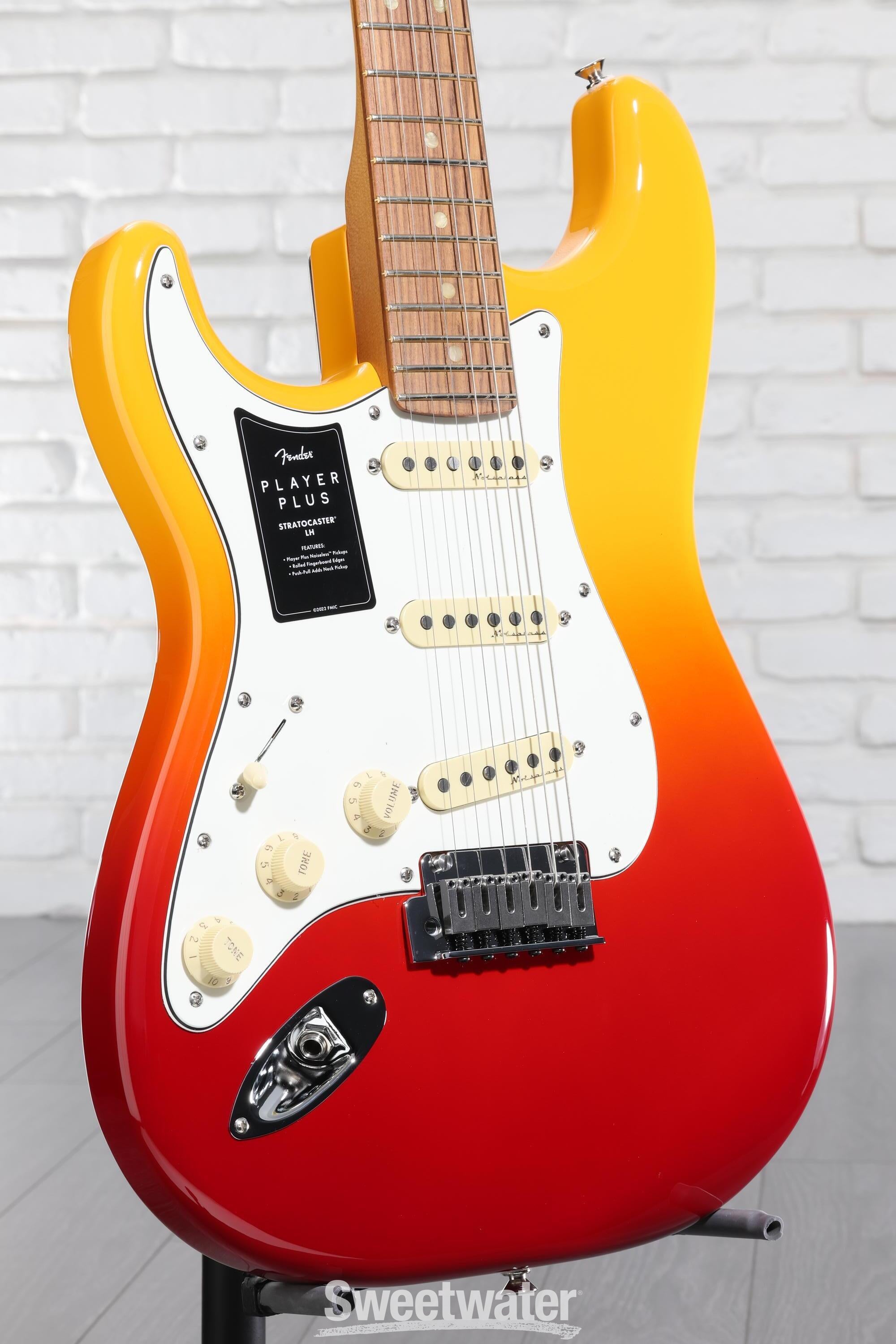 Fender Player Plus Stratocaster Left-handed Electric Guitar - Tequila Sunrise with Pau Ferro Fingerboard | Sweetwater Fender Player Plus Stratocaster Left-handed Electric Guitar - Tequila Sunrise with Pau Ferro Fingerboard | Sweetwater