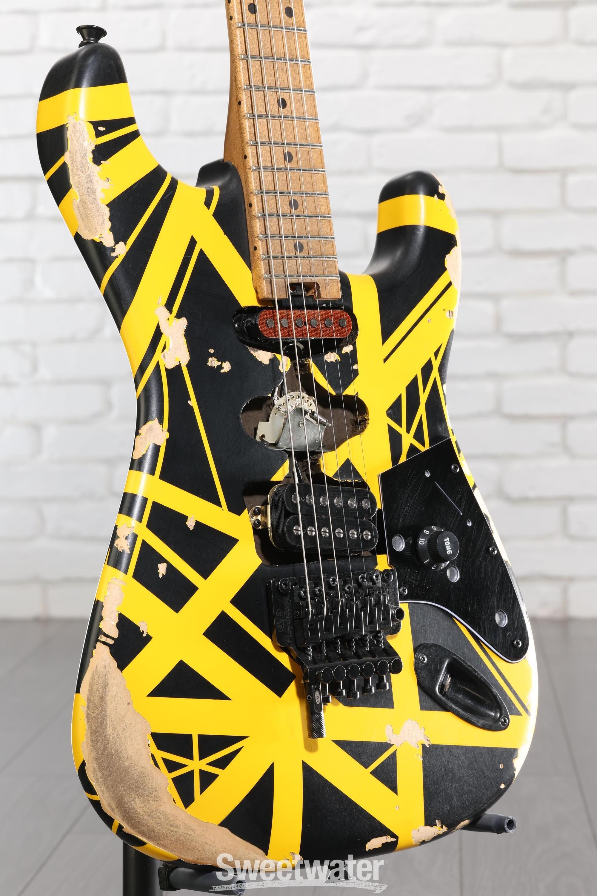 Photo of EVH Striped Series Frankenstein Frankie Electric Guitar - Black with Yellow Stripes, Relic