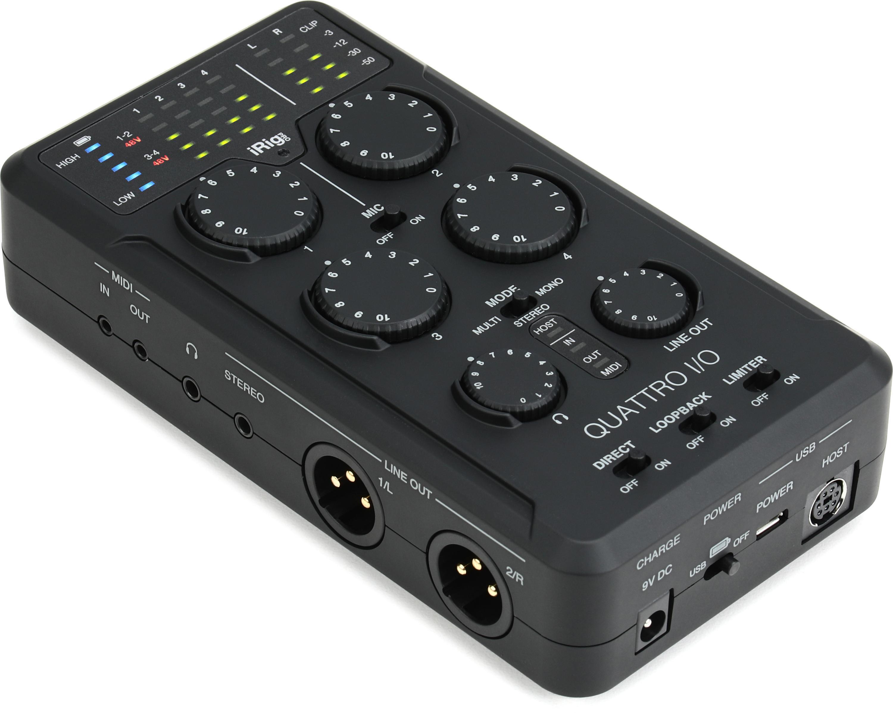 IK Multimedia iRig Pro Quattro I/O 4x2 USB-A Field Recording Interface,  MIDI Interface, and Mixer