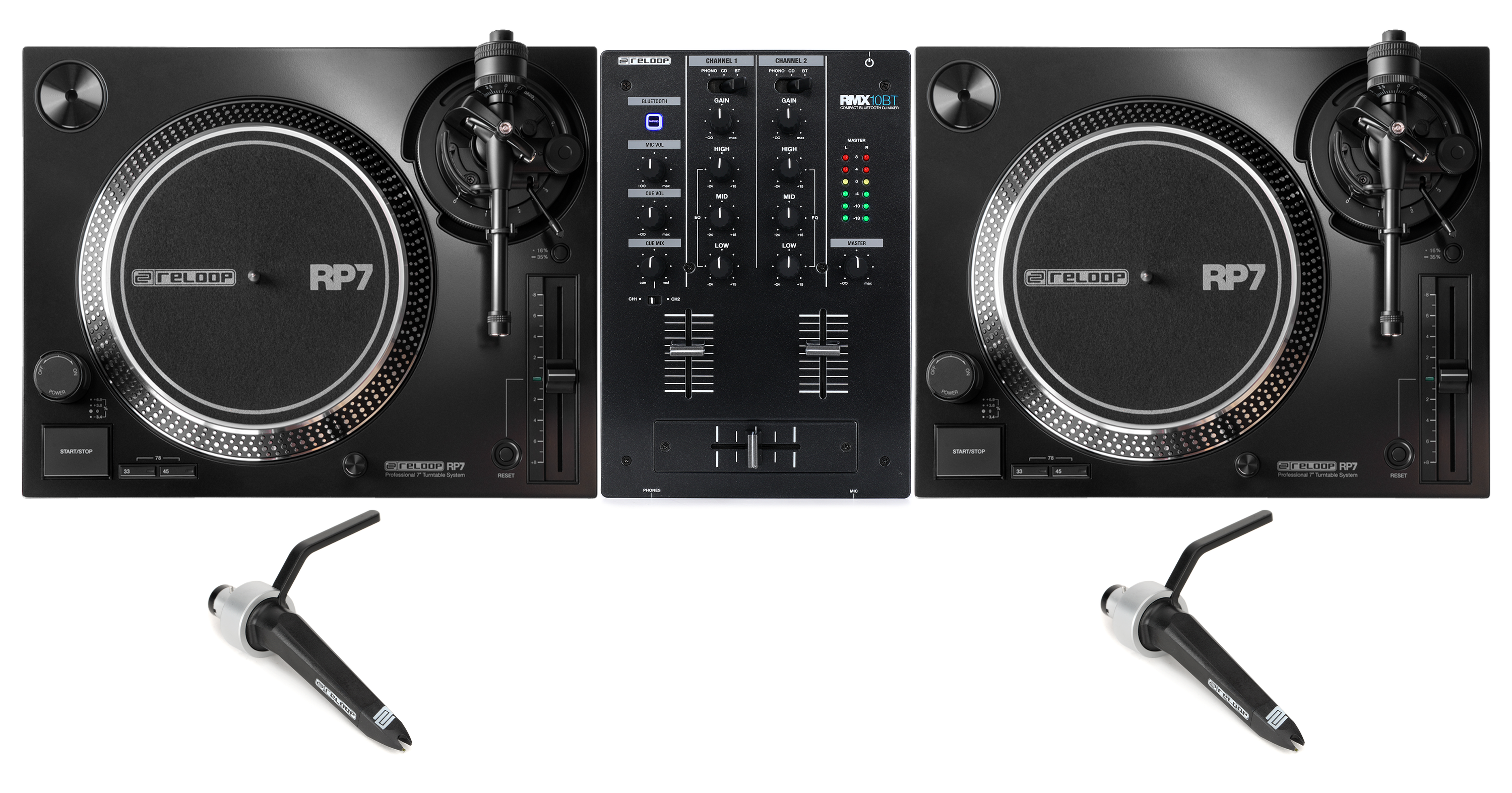 Reloop RP-7 Professional 7-inch Turntable Pair System with Cartridges, Stylus Pair, and RMX-10BT Compact DJ Mixer
