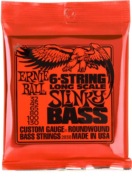 Ernie Ball 2838 Slinky Nickel Wound Electric Bass Guitar Strings - .032-.130 Long Scale 6-string