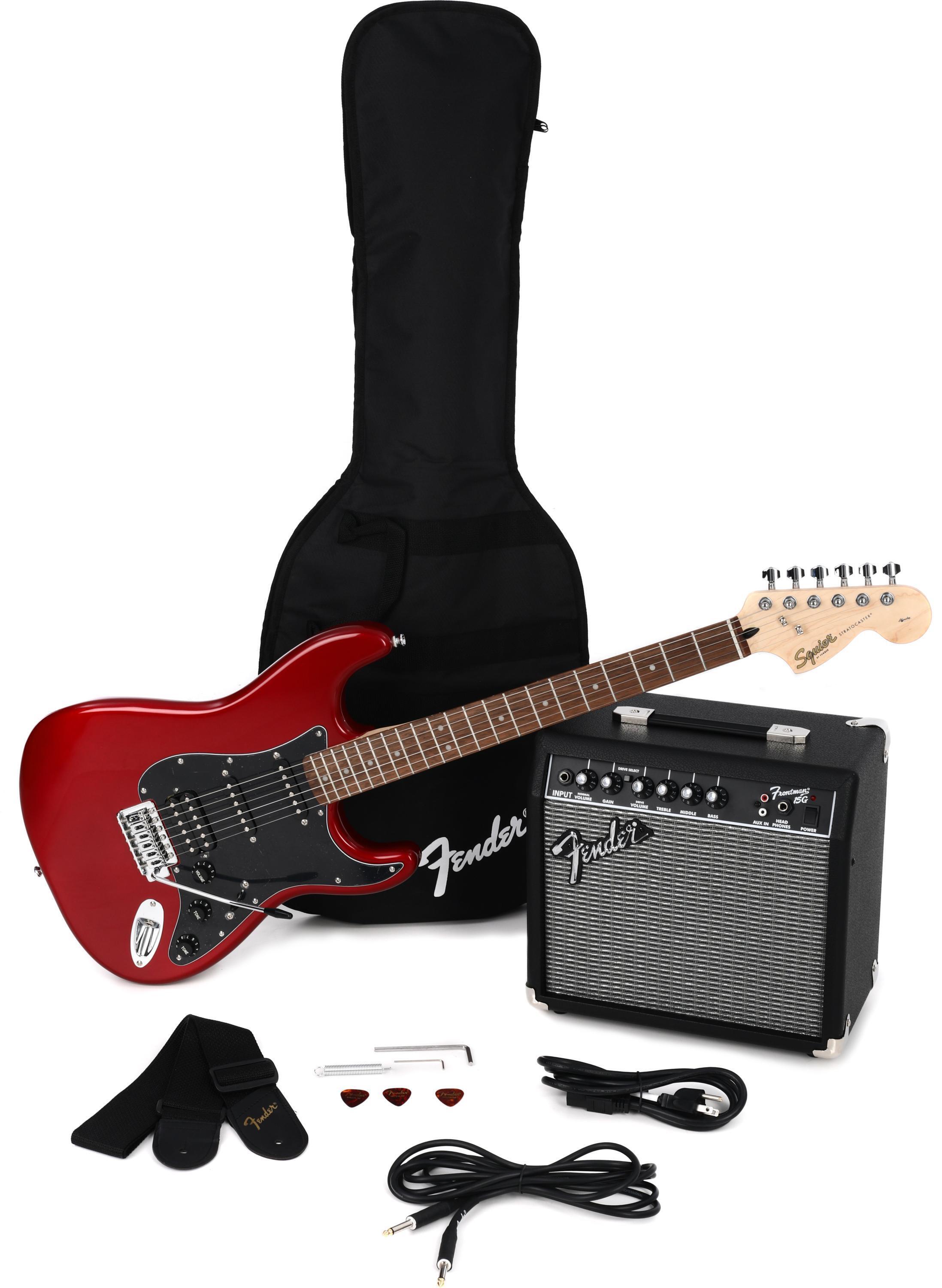 Squier affinity series stratocaster hss electric guitar pack with fender frontman 15g amp outlet candy apple red