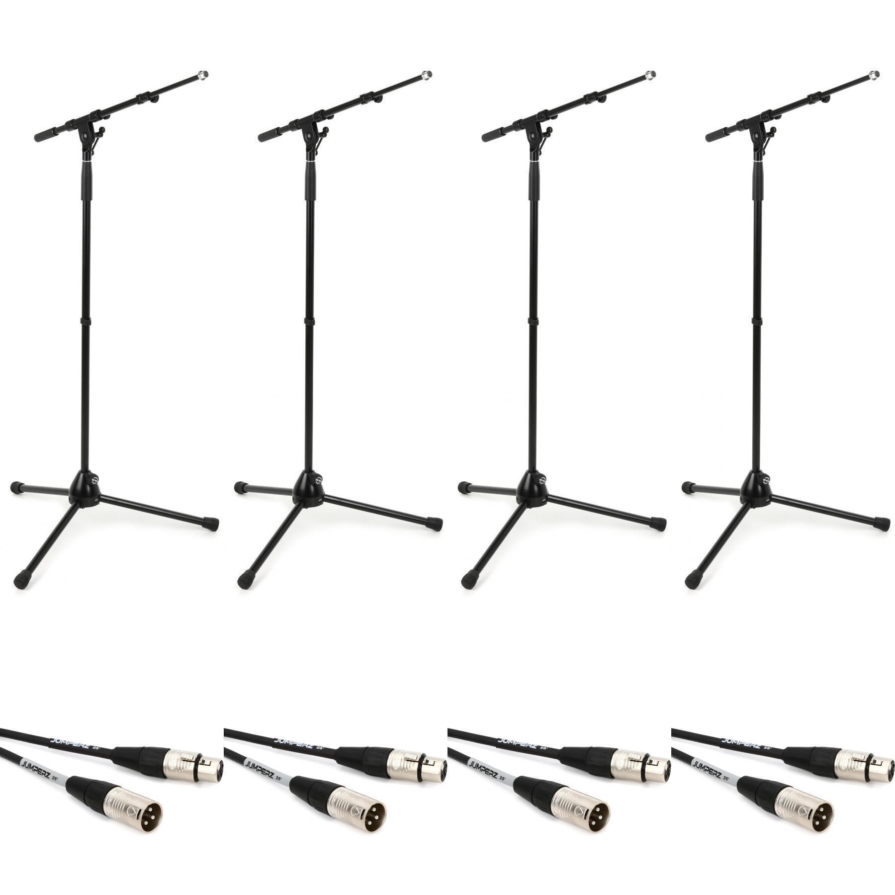 K&M KM21090 Mic Stand 4-pack + 4 Jumperz 25' Mic Cables